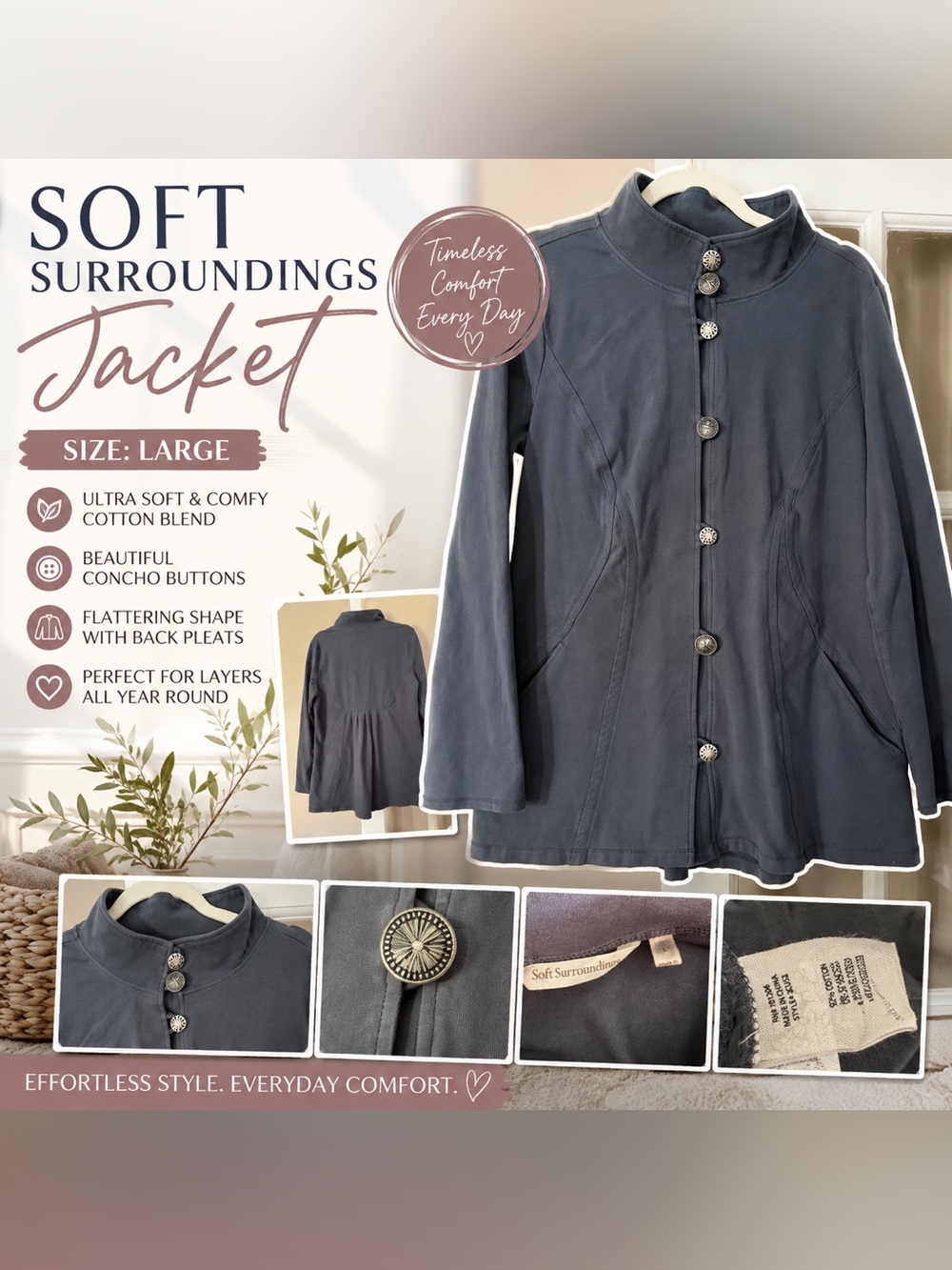 Soft Surroundings Navy Cotton-Blend Jacket with Concho Button Front